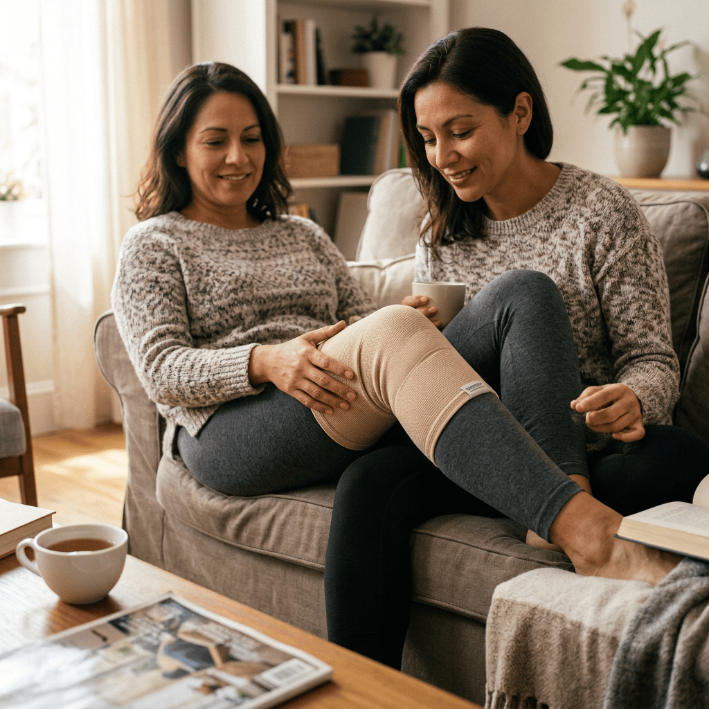Imagen actual: Two women sitting on a couch, one wearing a beige knee brace and the other holding a cup