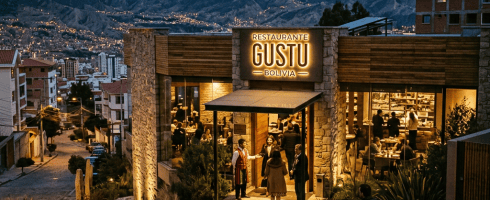 Entrance of Restaurante Gustu in Bolivia with people arriving and snow-capped mountains in background