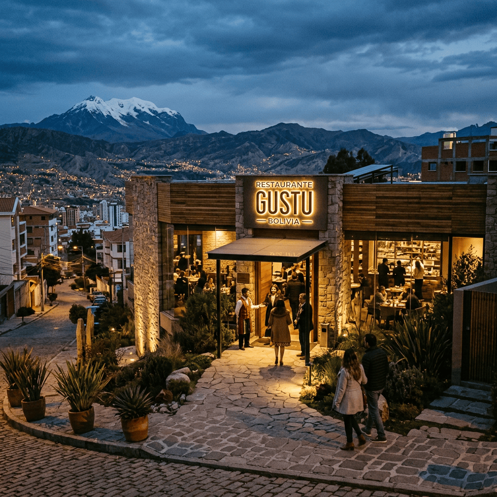 Imagen actual: Entrance of Restaurante Gustu in Bolivia with people arriving and snow-capped mountains in background