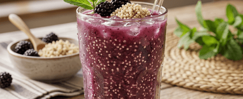 Glass of blackberry smoothie with chia seeds, fresh mint, and a glass straw