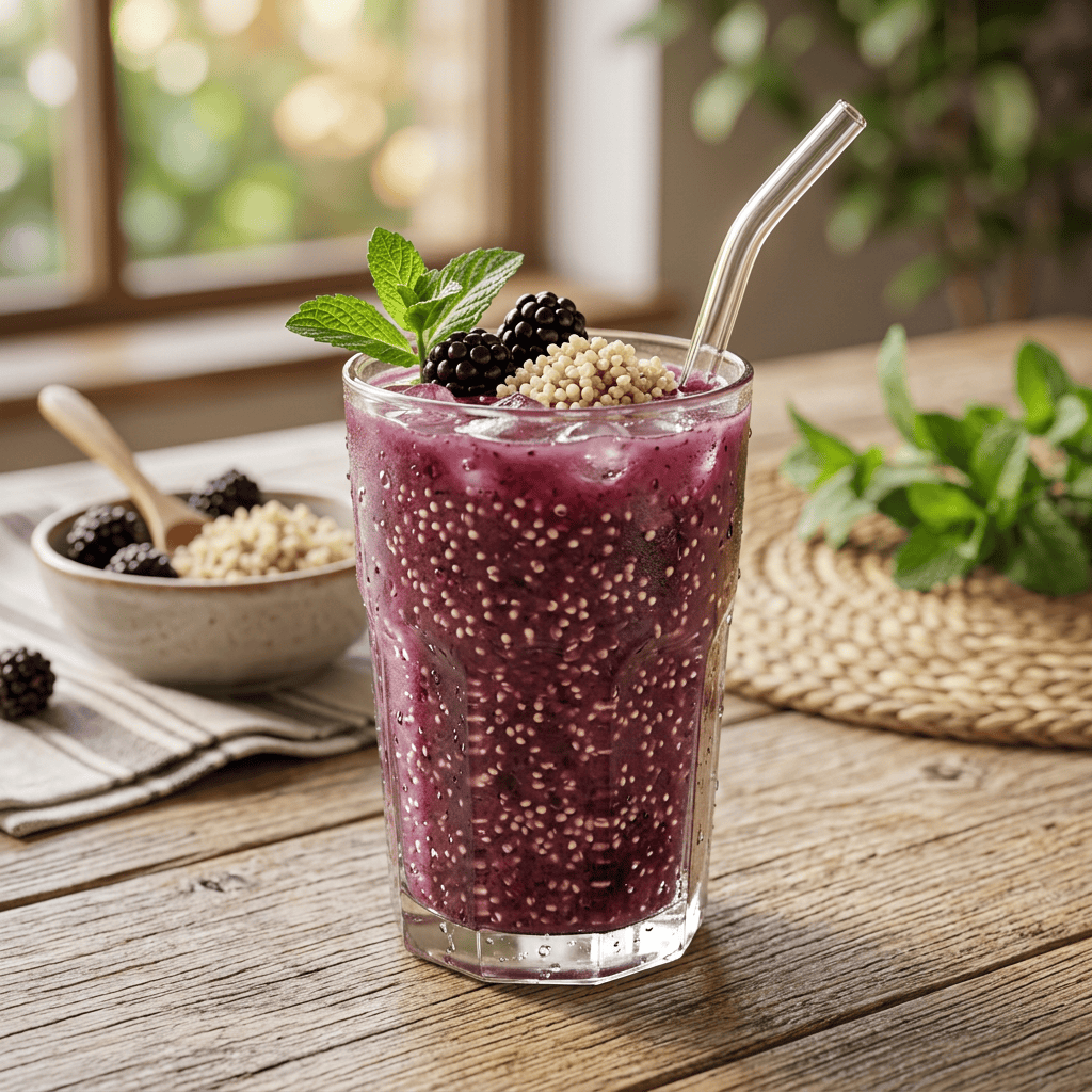 Imagen actual: Glass of blackberry smoothie with chia seeds, fresh mint, and a glass straw