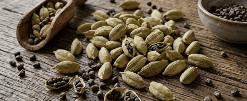 Green cardamom pods and black seeds scattered on a wooden board with a wooden scoop and ceramic bowl
