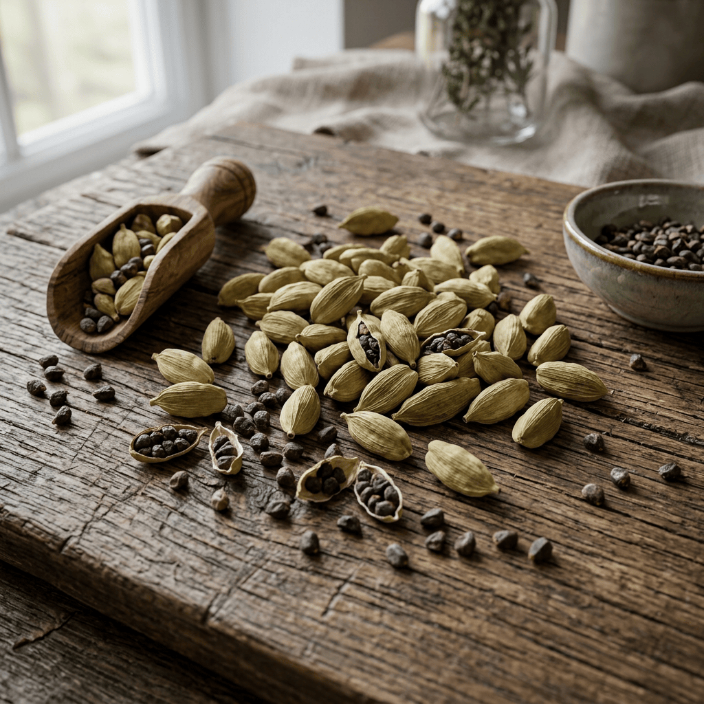 Imagen actual: Green cardamom pods and black seeds scattered on a wooden board with a wooden scoop and ceramic bowl