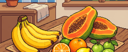 Pixel art showing bananas, citrus fruits, papaya, and guava labeled in Spanish on a wooden table indoors