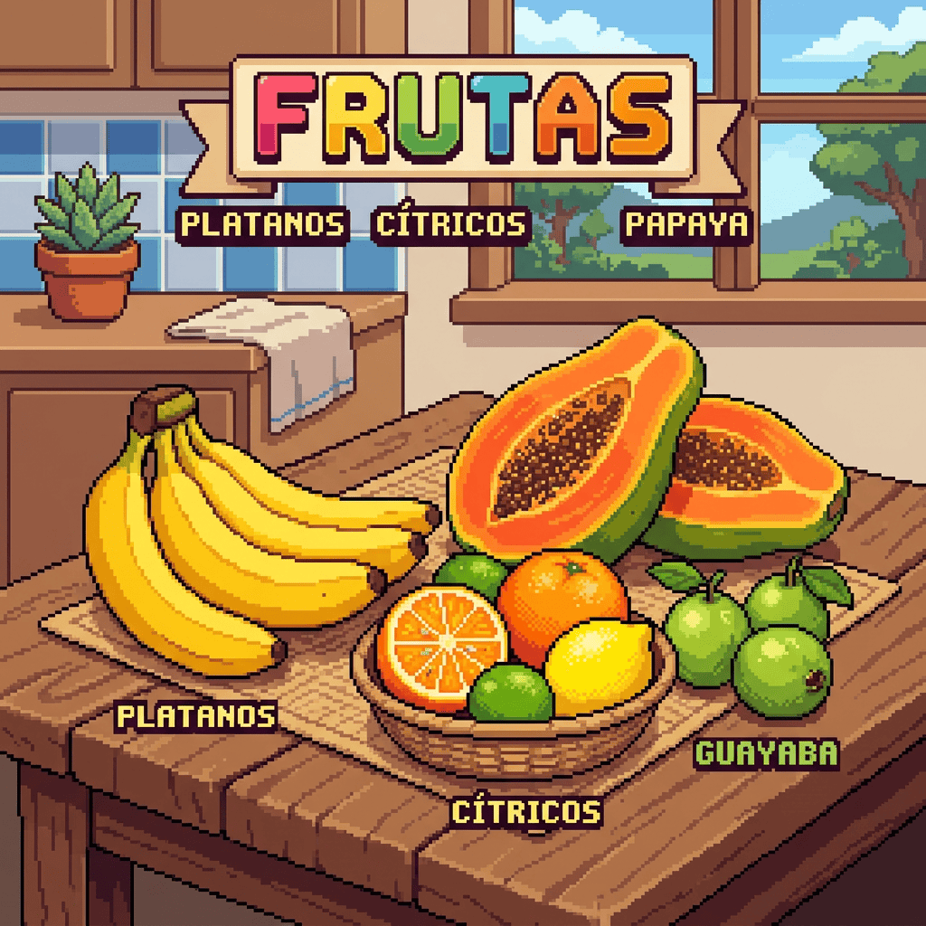 Imagen actual: Pixel art showing bananas, citrus fruits, papaya, and guava labeled in Spanish on a wooden table indoors