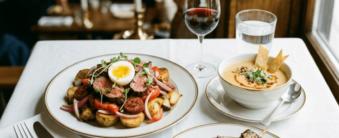 Peruvian dishes including steak with potatoes and egg, soup, skewered meat with purple puree and corn, and a glass of red drink