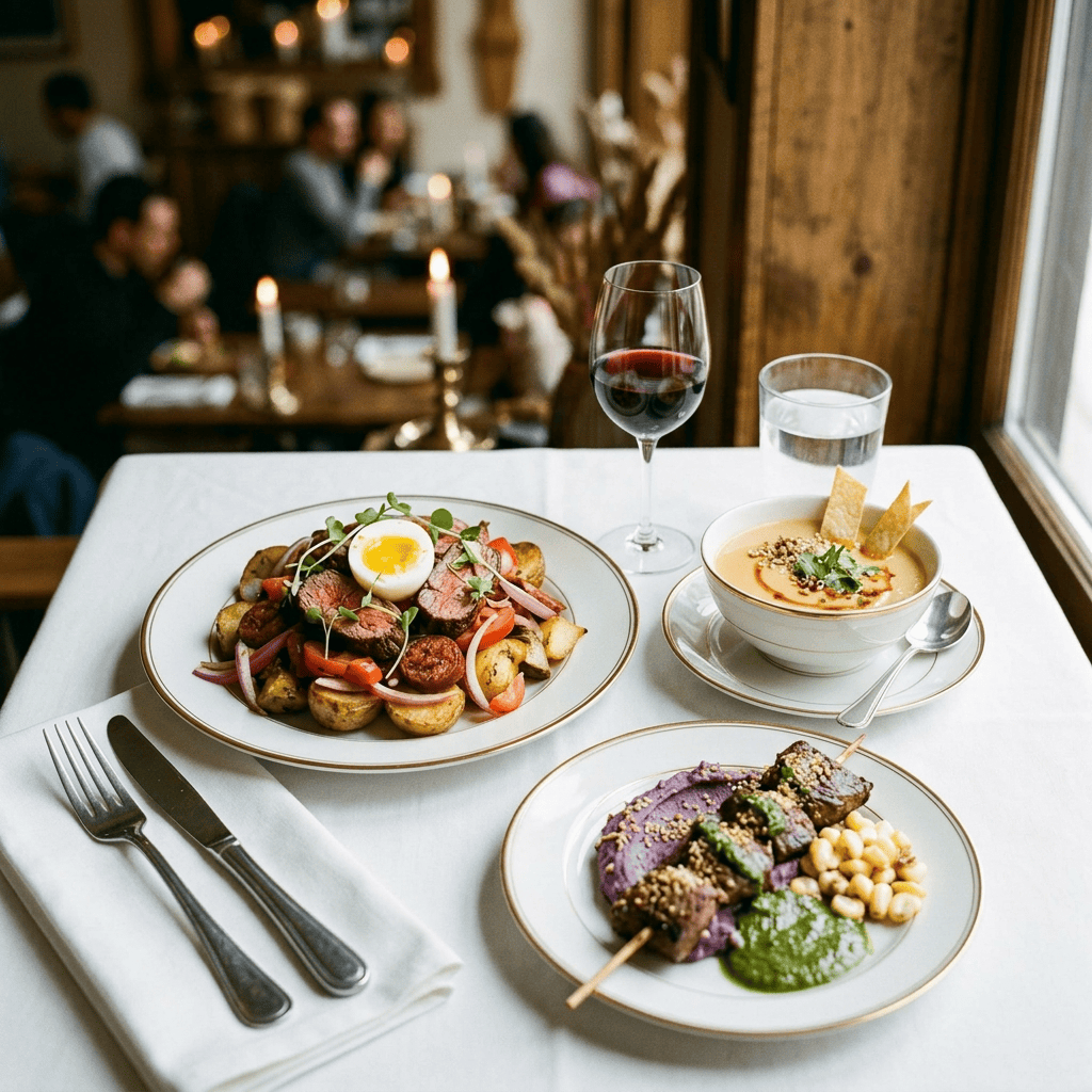 Imagen actual: Peruvian dishes including steak with potatoes and egg, soup, skewered meat with purple puree and corn, and a glass of red drink