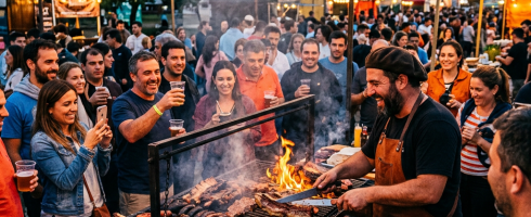 Man grilling various meats on barbecue while crowd watches and drinks