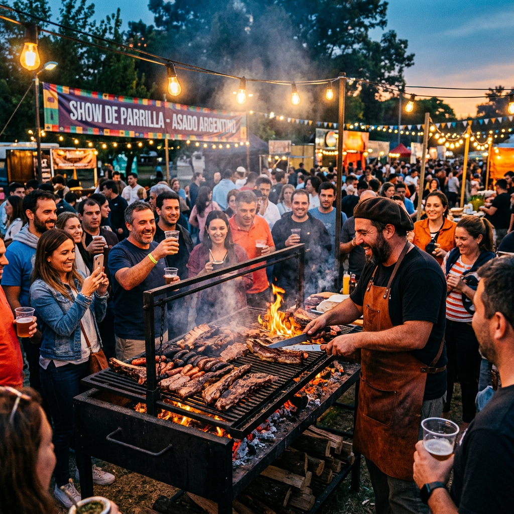 Imagen actual: Man grilling various meats on barbecue while crowd watches and drinks