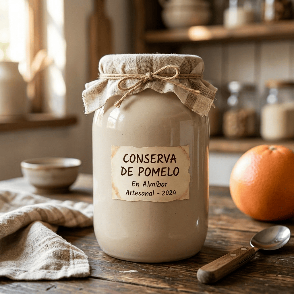 Imagen actual: Jar of artisanal grapefruit preserve in syrup with labeled cover