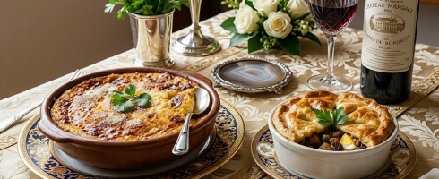 Two baked savory dishes with herbs and a glass of red wine on a wooden table