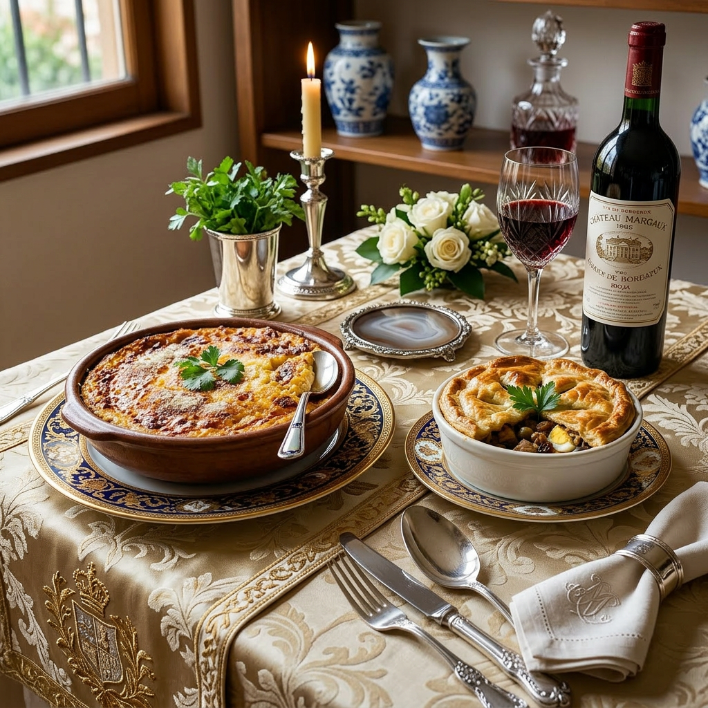 Imagen actual: Two baked savory dishes with herbs and a glass of red wine on a wooden table