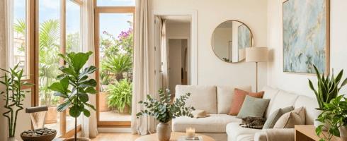 Modern living room with beige sofa, wooden furniture, indoor plants, and large windows with curtains