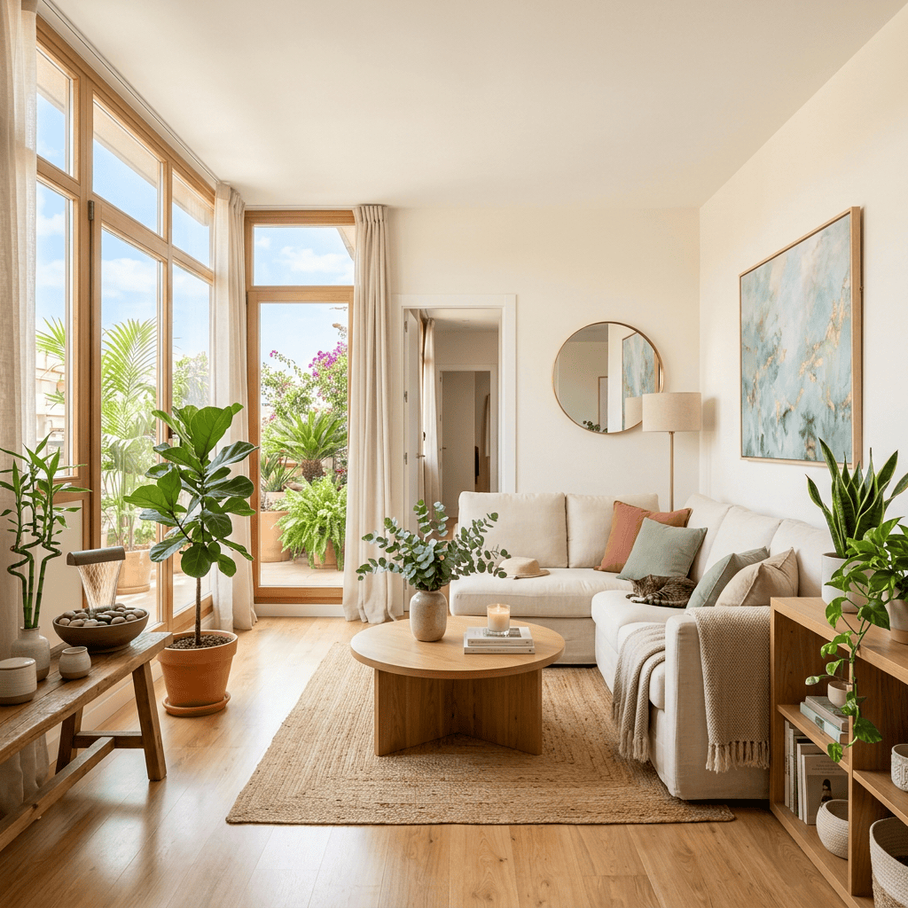Imagen actual: Modern living room with beige sofa, wooden furniture, indoor plants, and large windows with curtains