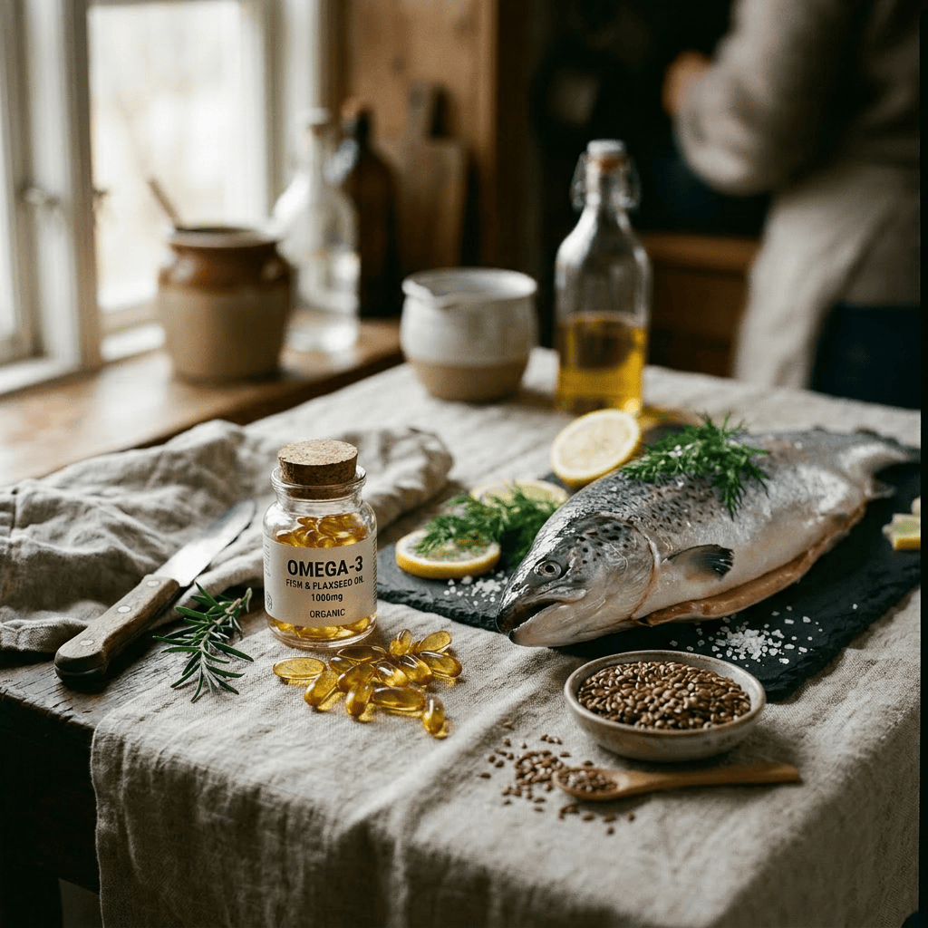 Imagen actual: Bottle of omega-3 capsules and fresh salmon with lemon and herbs on table