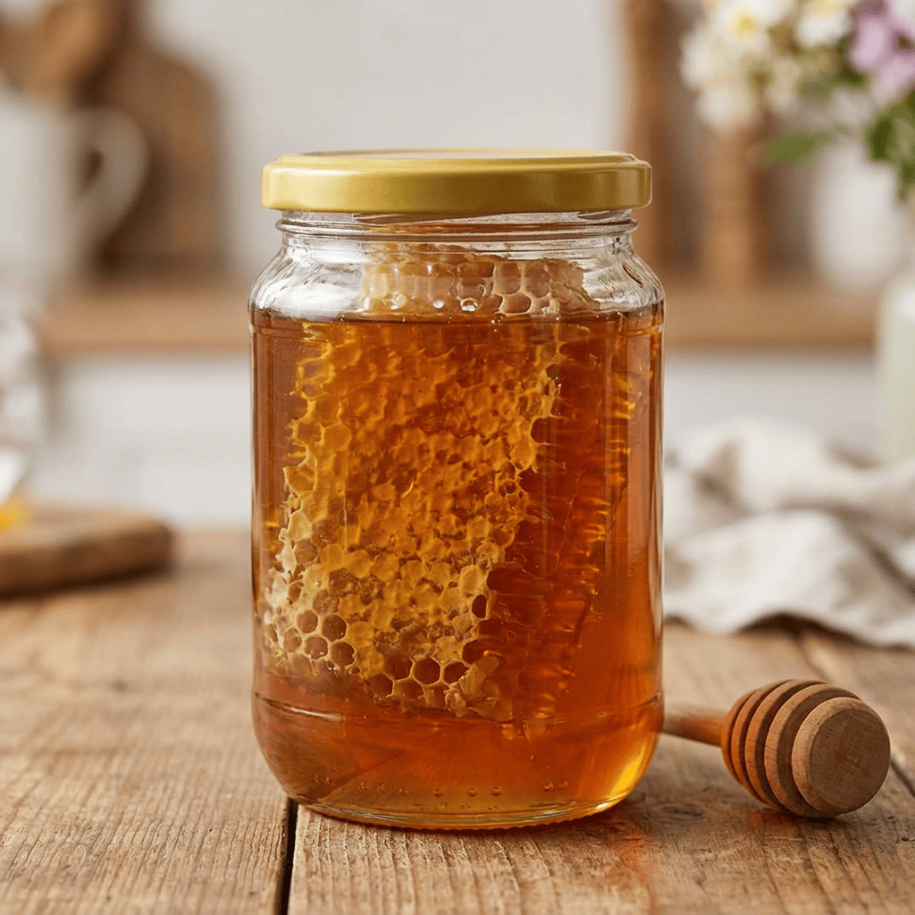 Imagen actual: Glass jar of honey containing honeycomb on wooden table with honey dipper
