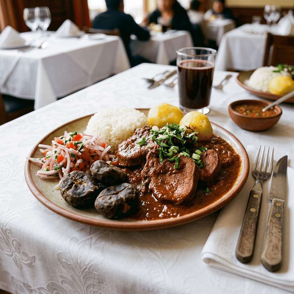 Imagen actual: Plate with pork in red sauce, white rice, boiled potatoes, red onion salad, and black corn