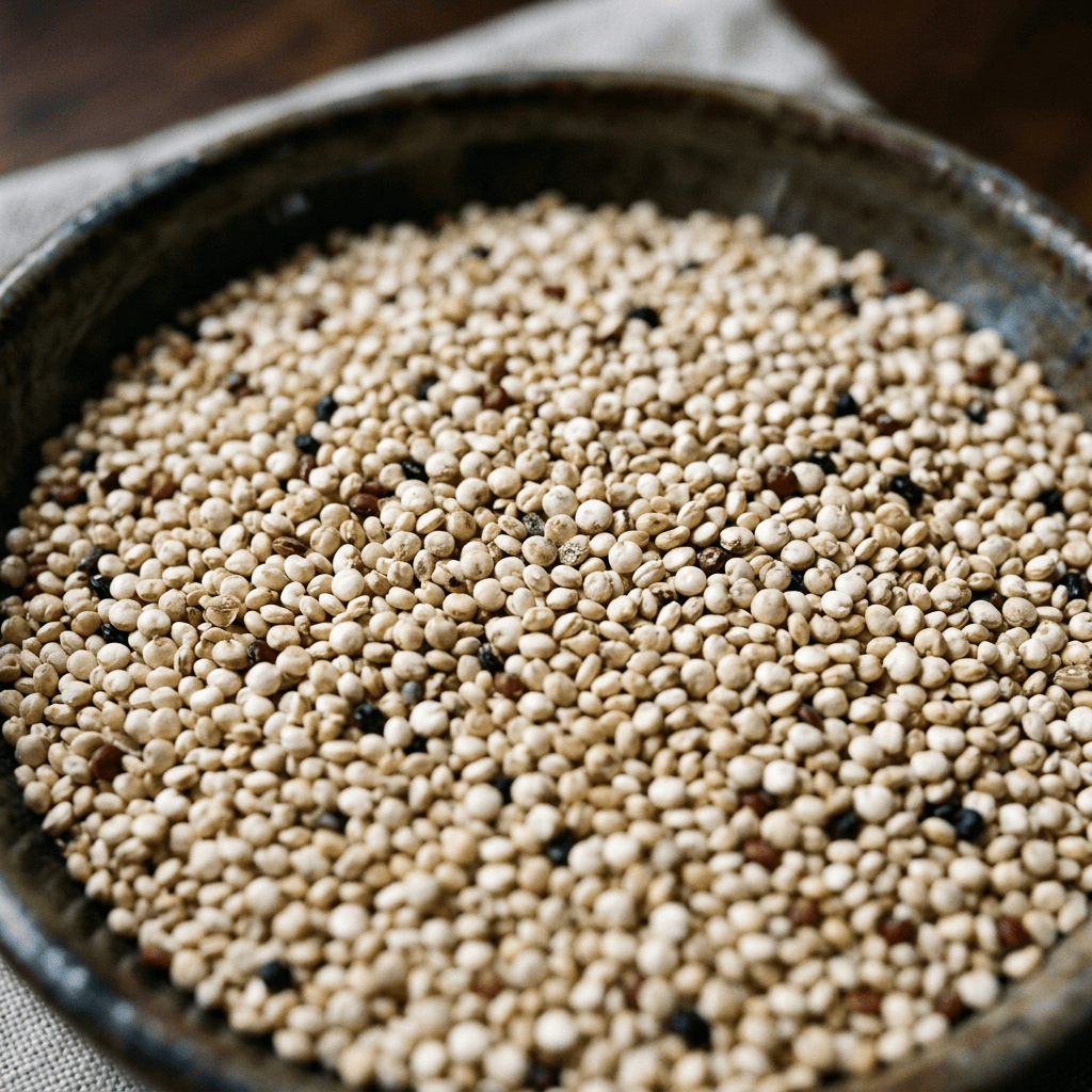Imagen actual: Bowl containing mixed white, red, and black quinoa grains.