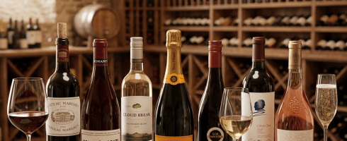 Seven bottles of wine with three wine glasses on a wooden table in a wine cellar, with rows of wine racks and wine barrels in the background