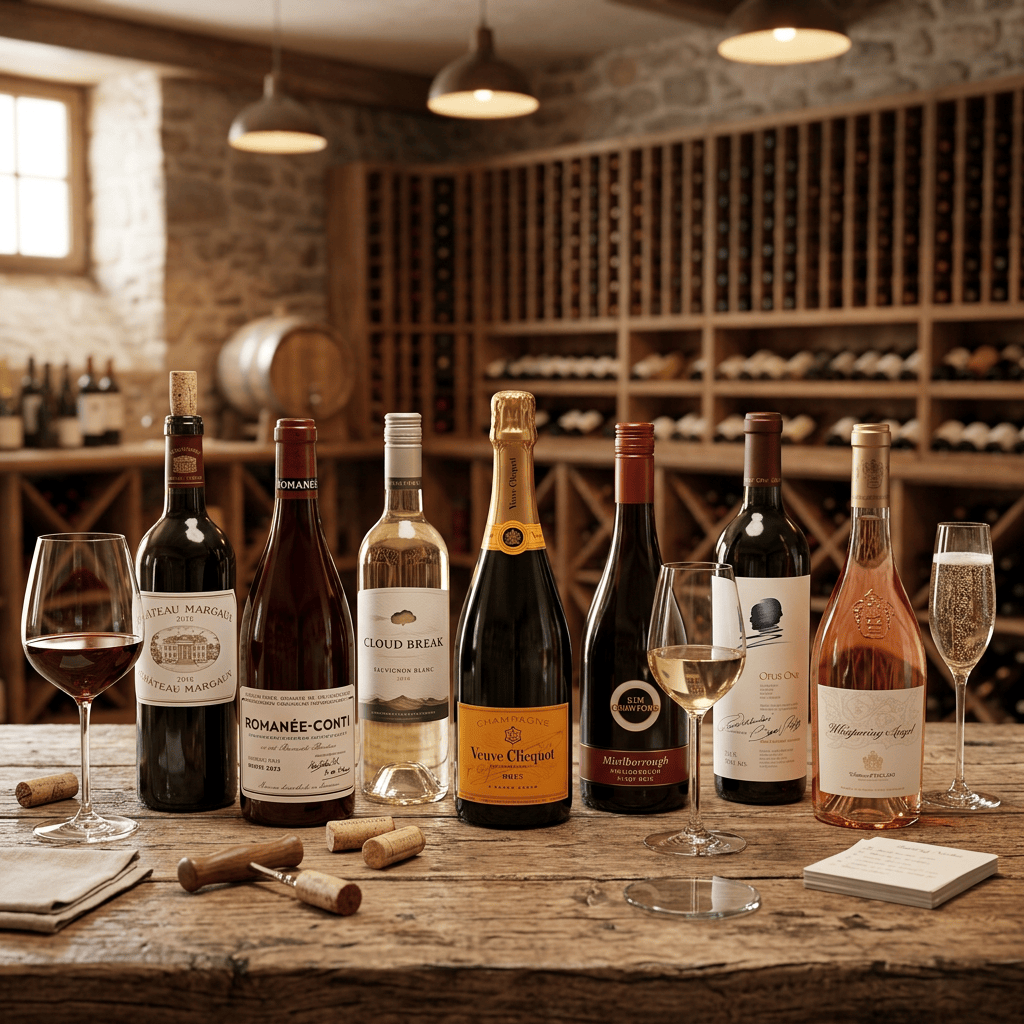 Imagen actual: Seven bottles of wine with three wine glasses on a wooden table in a wine cellar, with rows of wine racks and wine barrels in the background
