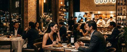 Couples dining and conversing in an upscale Bolivian restaurant with open kitchen