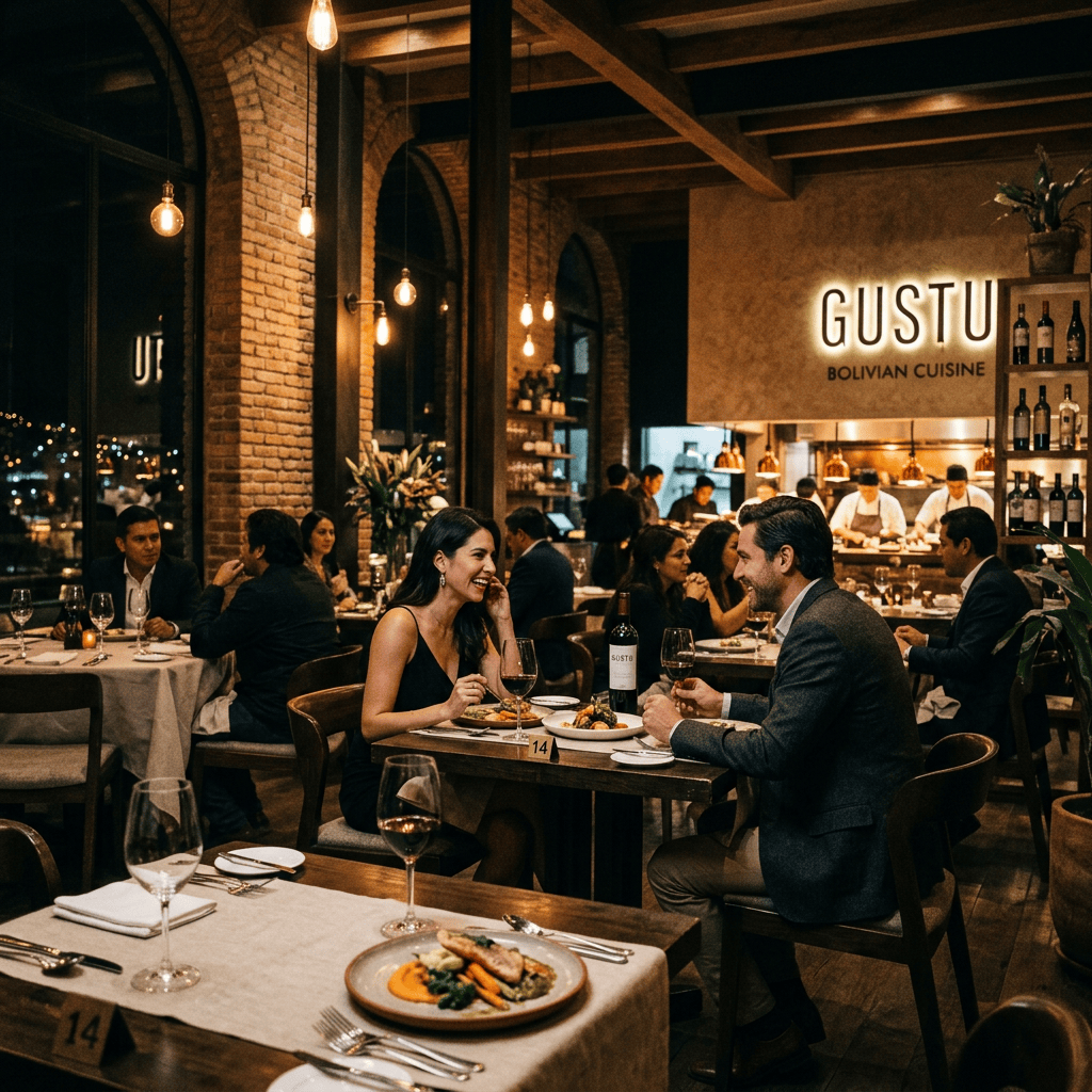 Imagen actual: Couples dining and conversing in an upscale Bolivian restaurant with open kitchen