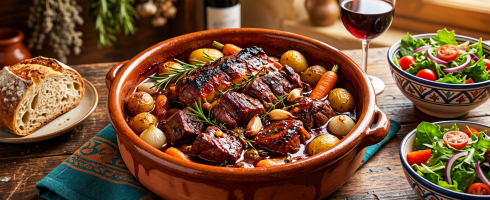 Pot of cooked beef stew with potatoes, carrots, onions, bread, salad bowls, and glass of red wine