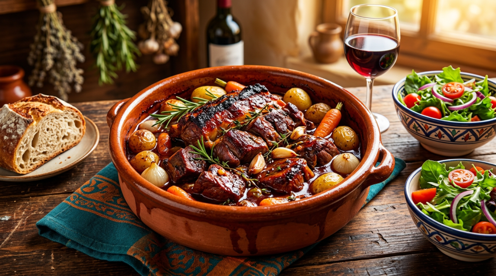 Imagen actual: Pot of cooked beef stew with potatoes, carrots, onions, bread, salad bowls, and glass of red wine