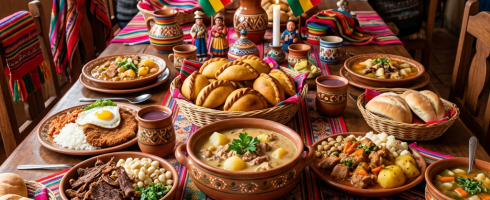 Bolivian family enjoying traditional dishes served on a vibrant tablecloth with Bolivian flags and pottery