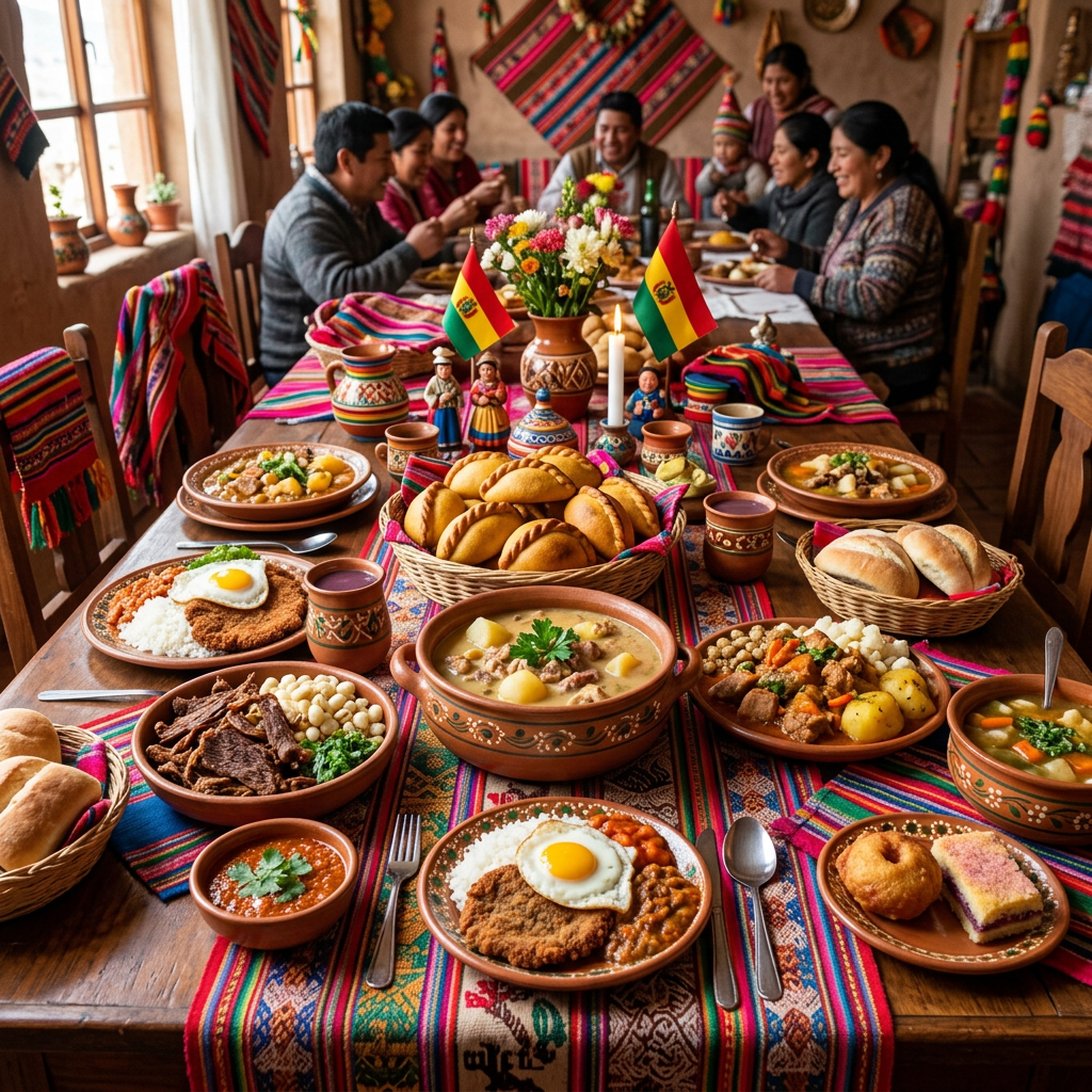 Imagen actual: Bolivian family enjoying traditional dishes served on a vibrant tablecloth with Bolivian flags and pottery