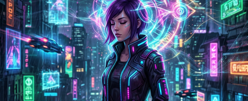 Woman with purple hair wearing a glowing cyberpunk jacket with digital symbols in neon city at night