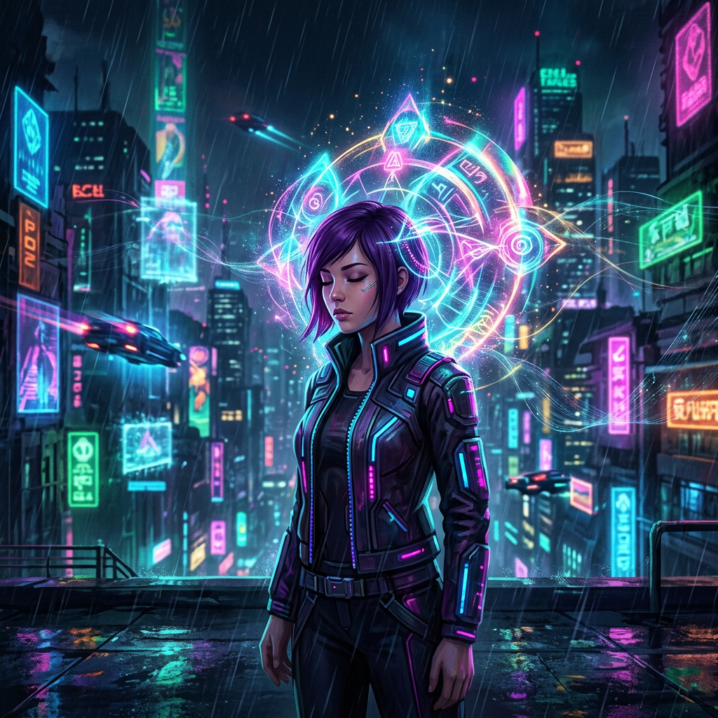Imagen actual: Woman with purple hair wearing a glowing cyberpunk jacket with digital symbols in neon city at night