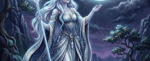 Mystical woman in flowing gown holding crescent moon staff beneath a large glowing full moon