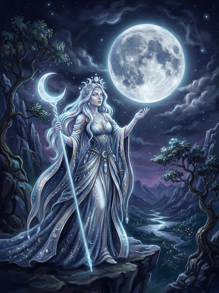 Imagen actual: Mystical woman in flowing gown holding crescent moon staff beneath a large glowing full moon