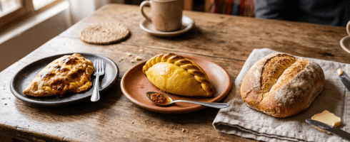 Variety of baked breads and a cup of coffee on a rustic wooden table