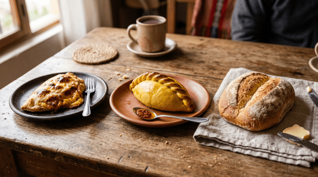 Imagen actual: Variety of baked breads and a cup of coffee on a rustic wooden table