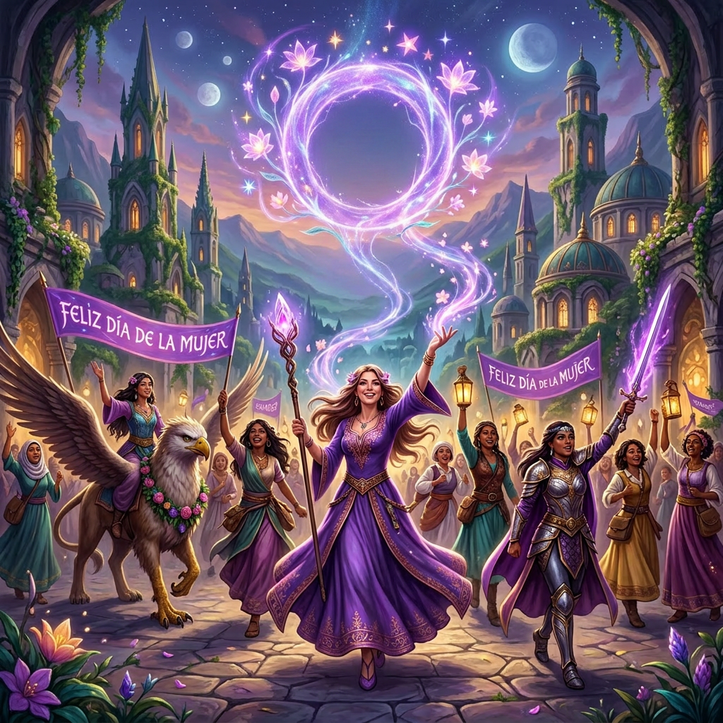Imagen actual: Fantasy scene of women marching with 'Feliz Día de la Mujer' banners, magical symbols, and a griffin