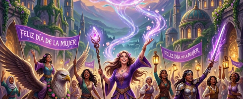 Fantasy scene of women marching with 'Feliz Día de la Mujer' banners, magical symbols, and a griffin