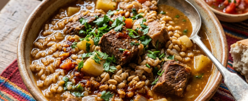 Bowl of barley and beef stew with carrots, potatoes, and parsley garnish