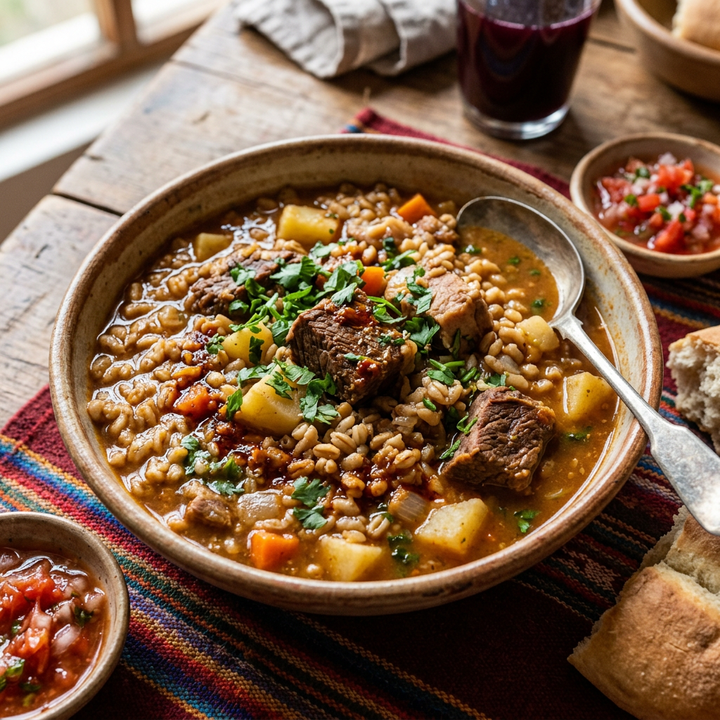 Imagen actual: Bowl of barley and beef stew with carrots, potatoes, and parsley garnish