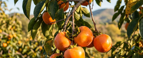 Cluster of ripe orange persimmons on a branch with green leaves.