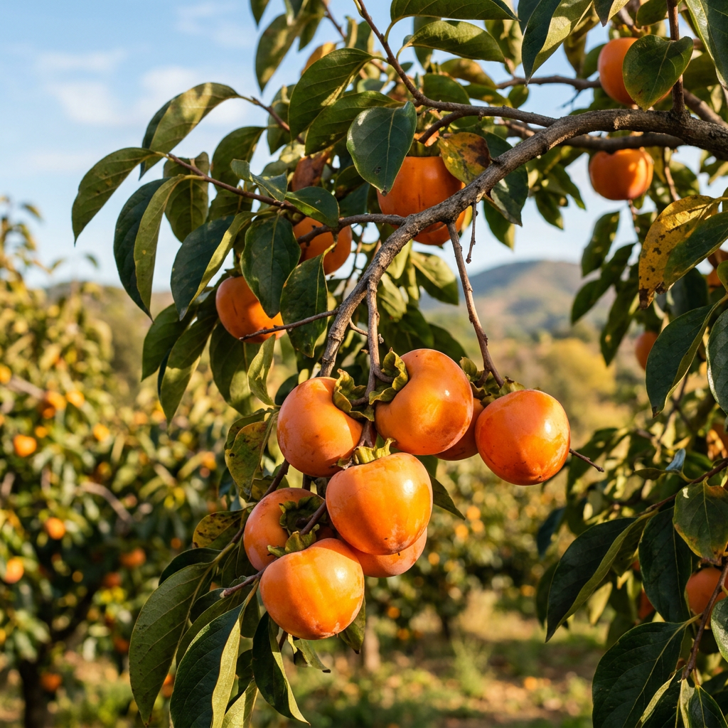 Imagen actual: Cluster of ripe orange persimmons on a branch with green leaves.