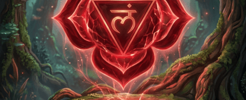 Glowing red root chakra symbol floating over a stone in a dense forest