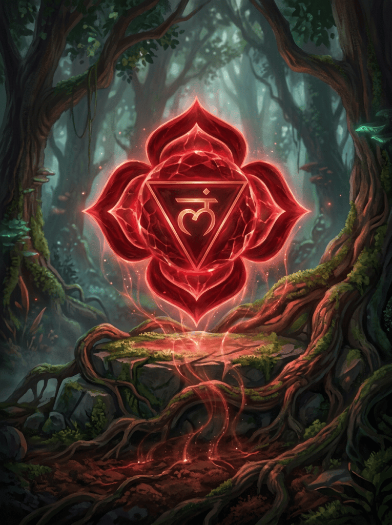 Imagen actual: Glowing red root chakra symbol floating over a stone in a dense forest
