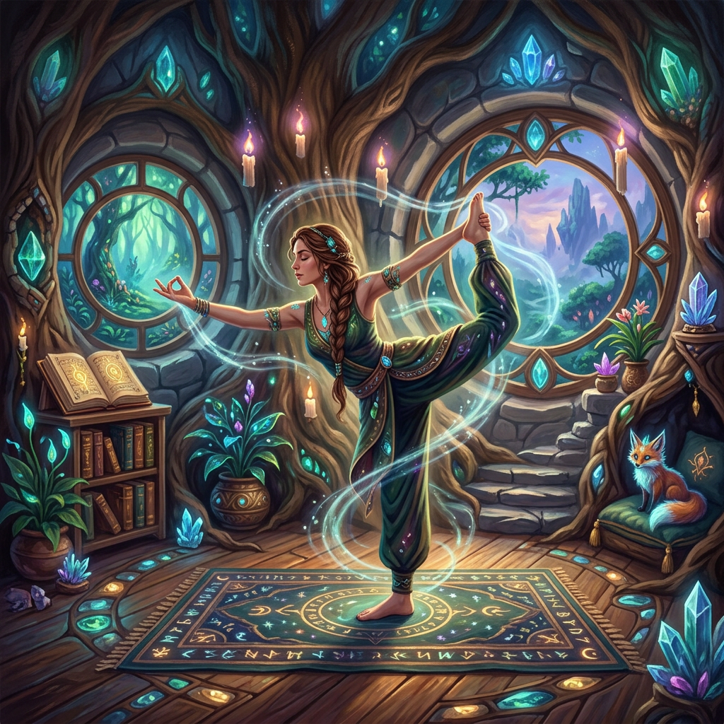 Imagen actual: Woman performing yoga pose in a magical forest room with glowing crystals and candles