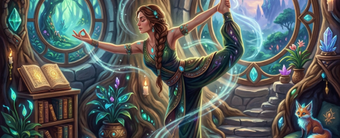 Woman performing yoga pose in a magical forest room with glowing crystals and candles