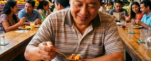 Man eating traditional stew with rice and sauce in a casual restaurant