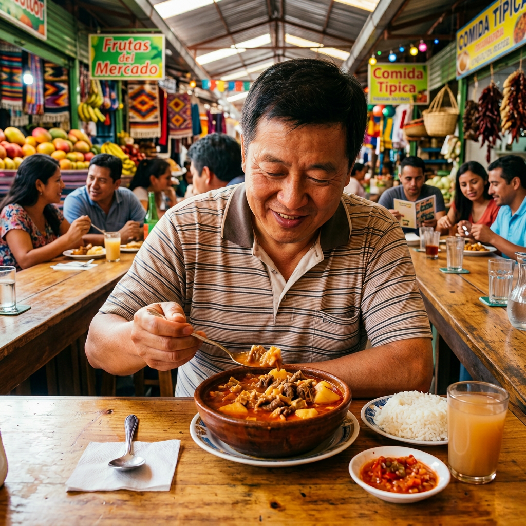 Imagen actual: Man eating traditional stew with rice and sauce in a casual restaurant