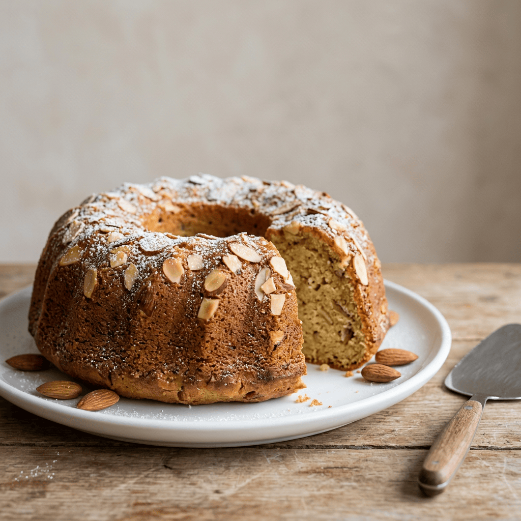 Imagen actual: Bundt cake topped with sliced almonds and powdered sugar on a white plate with a cake slicer