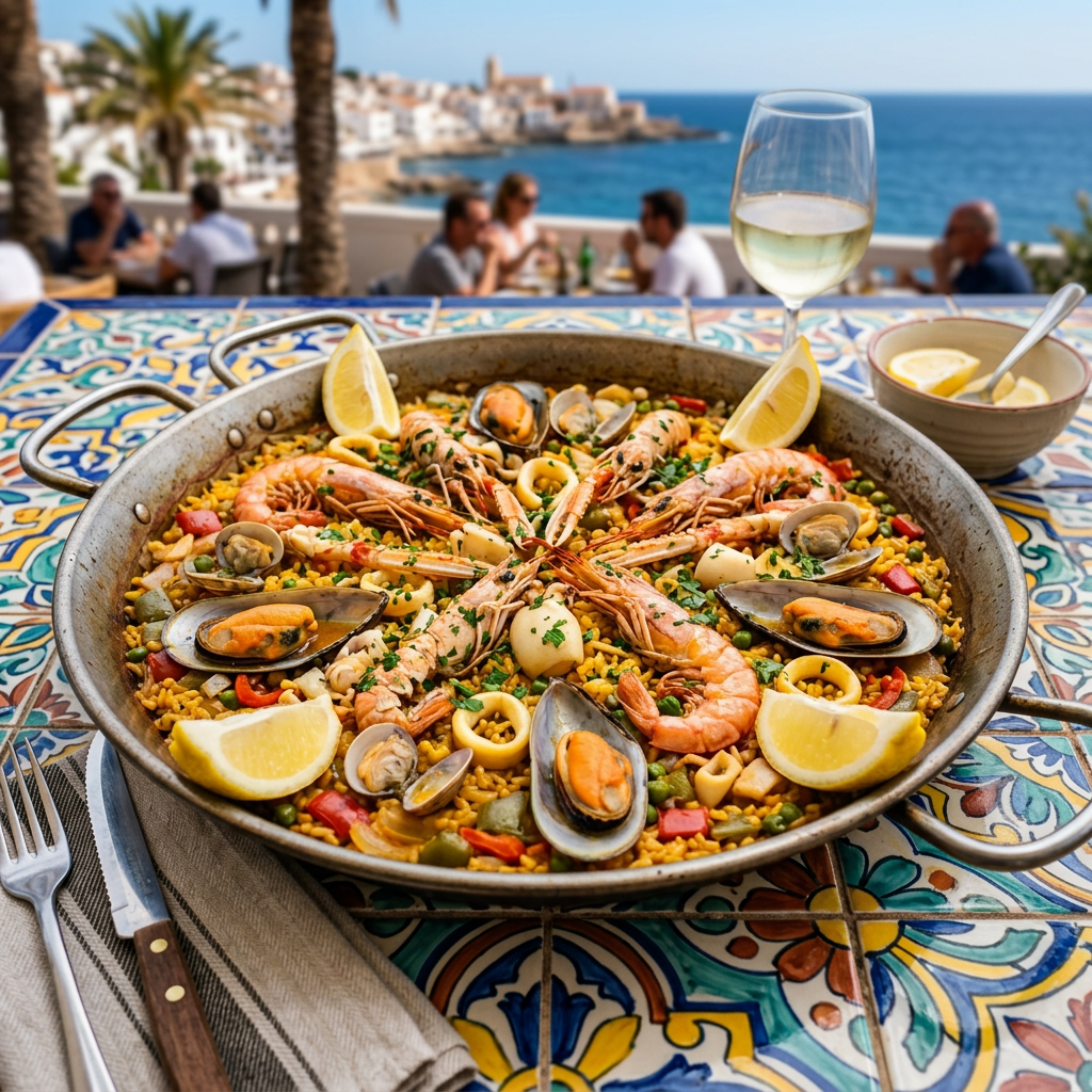 Imagen actual: Seafood paella with shrimp, mussels, clams, squid, lemon wedges, and yellow rice on a decorative table with ocean view